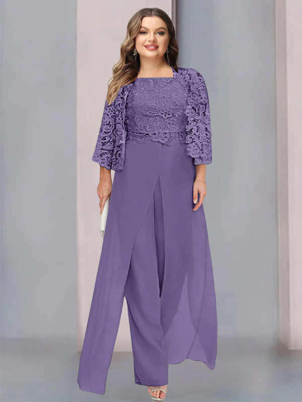 Plus Size Long Chiffon Pantsuit for the Mother of the Bride with Square Neck and Side Split