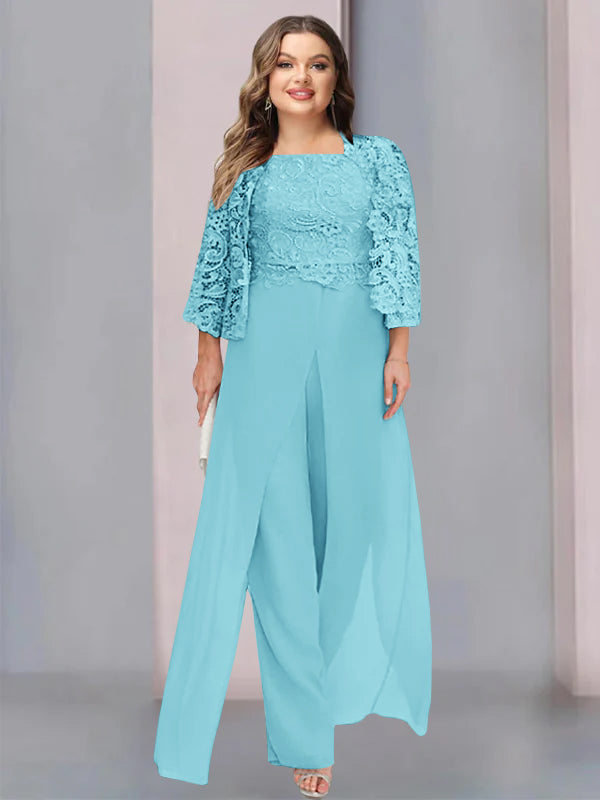 Plus Size Long Chiffon Pantsuit for the Mother of the Bride with Square Neck and Side Split