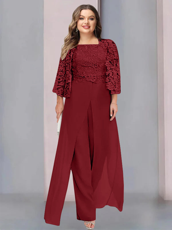 Plus Size Long Chiffon Pantsuit for the Mother of the Bride with Square Neck and Side Split