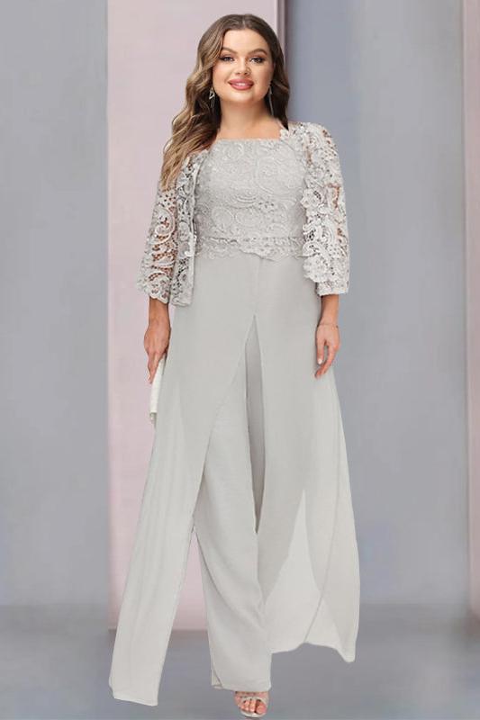 Plus Size Long Chiffon Pantsuit for the Mother of the Bride with Square Neck and Side Split