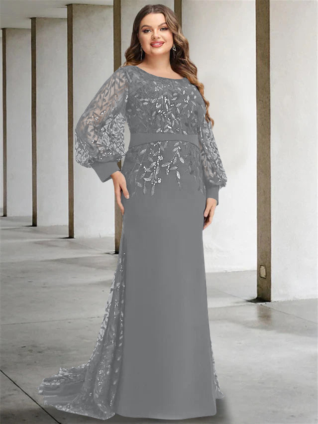 Plus Size Long Mermaid Trumpet Mother of the Bride Dress with Scoop Neck and Long Sequined Sleeves