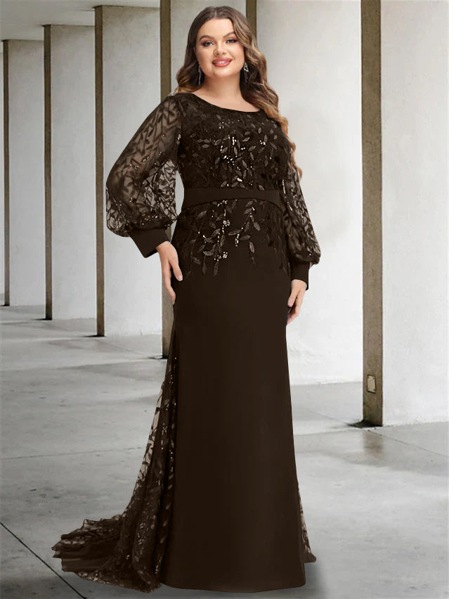 Plus Size Long Mermaid Trumpet Mother of the Bride Dress with Scoop Neck and Long Sequined Sleeves