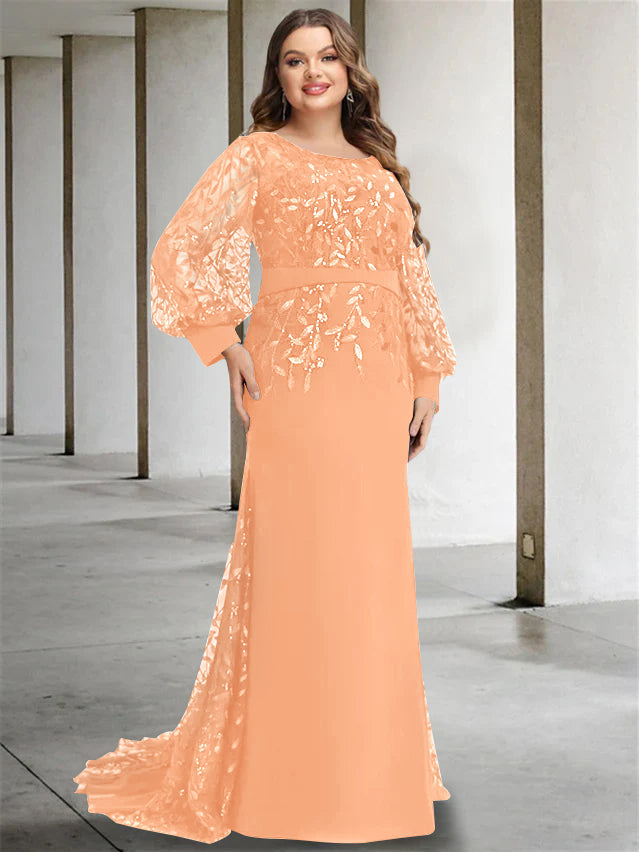 Plus Size Long Mermaid Trumpet Mother of the Bride Dress with Scoop Neck and Long Sequined Sleeves