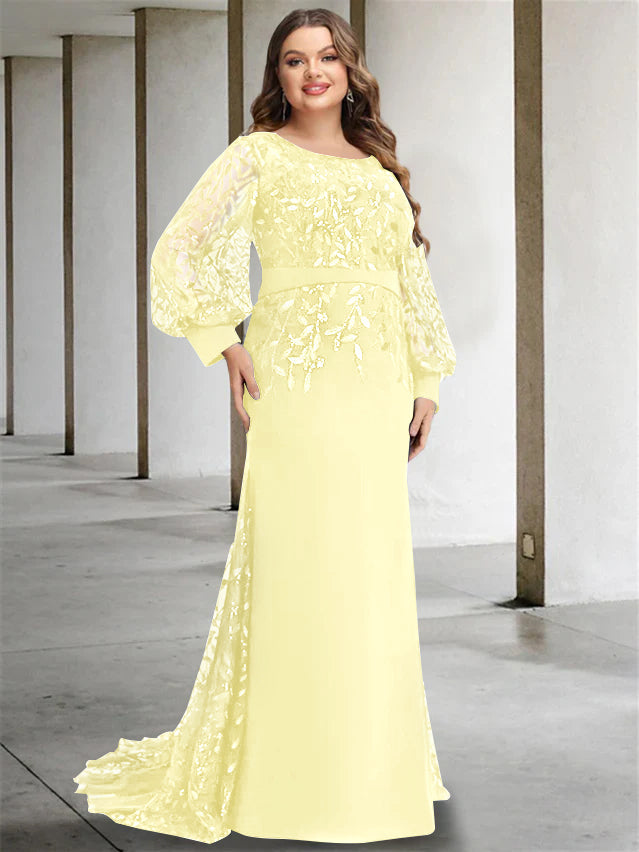 Plus Size Long Mermaid Trumpet Mother of the Bride Dress with Scoop Neck and Long Sequined Sleeves
