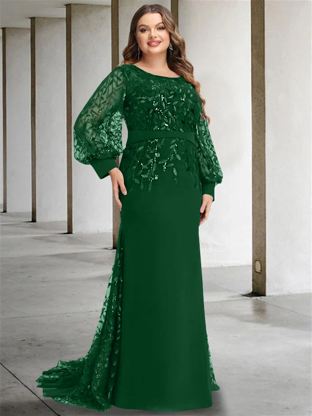Plus Size Long Mermaid Trumpet Mother of the Bride Dress with Scoop Neck and Long Sequined Sleeves