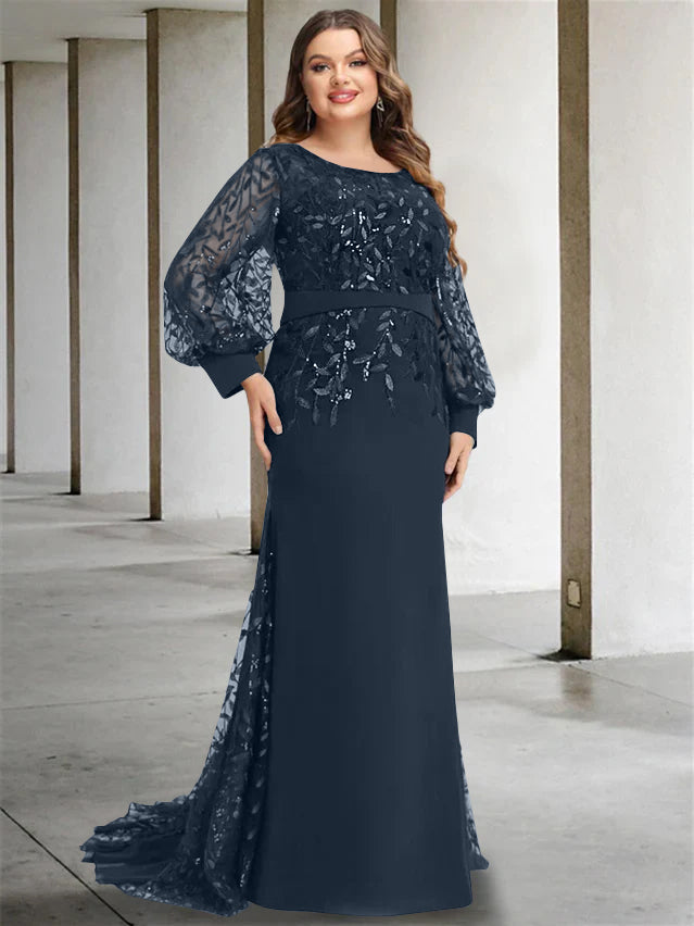 Plus Size Long Mermaid Trumpet Mother of the Bride Dress with Scoop Neck and Long Sequined Sleeves