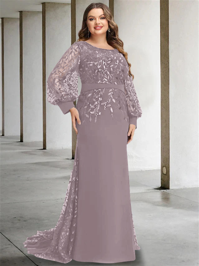 Plus Size Long Mermaid Trumpet Mother of the Bride Dress with Scoop Neck and Long Sequined Sleeves