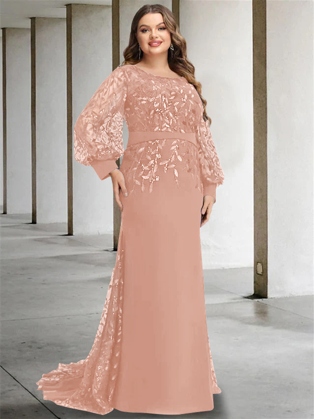 Plus Size Long Mermaid Trumpet Mother of the Bride Dress with Scoop Neck and Long Sequined Sleeves