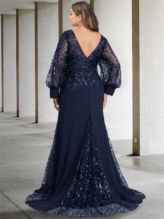 Plus Size Long Mermaid Trumpet Mother of the Bride Dress with Scoop Neck and Long Sequined Sleeves
