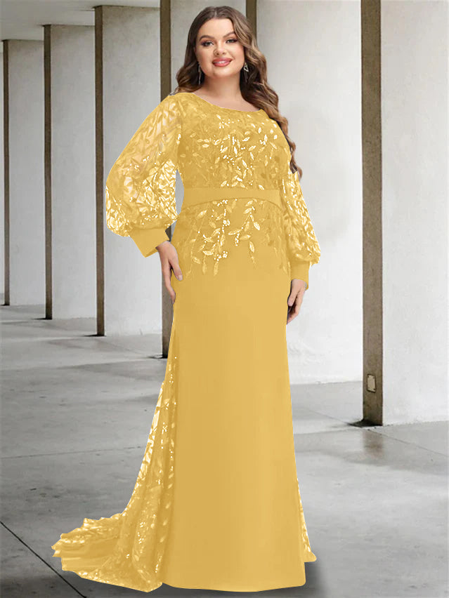 Plus Size Long Mermaid Trumpet Mother of the Bride Dress with Scoop Neck and Long Sequined Sleeves