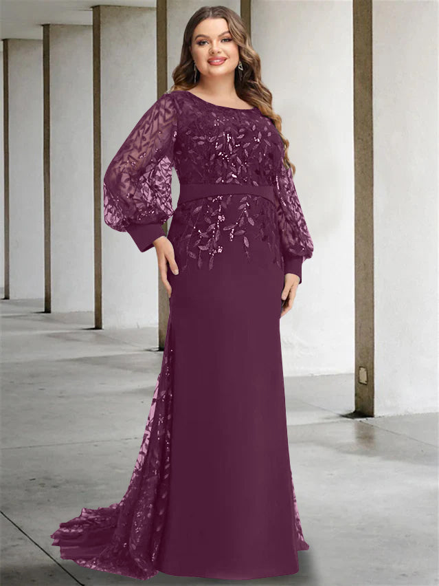 Plus Size Long Mermaid Trumpet Mother of the Bride Dress with Scoop Neck and Long Sequined Sleeves