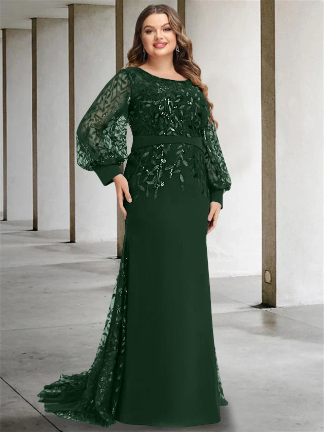 Plus Size Long Mermaid Trumpet Mother of the Bride Dress with Scoop Neck and Long Sequined Sleeves