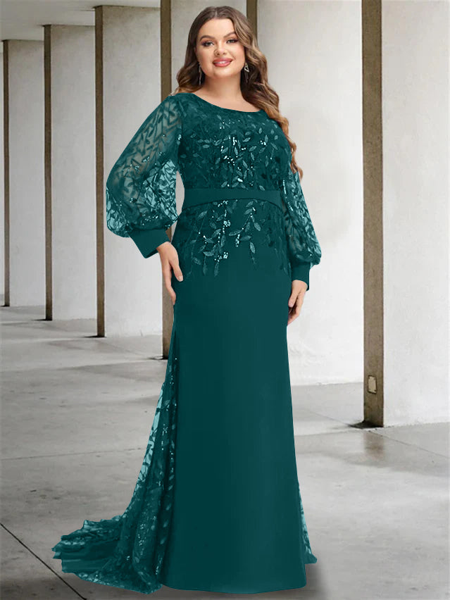 Plus Size Long Mermaid Trumpet Mother of the Bride Dress with Scoop Neck and Long Sequined Sleeves