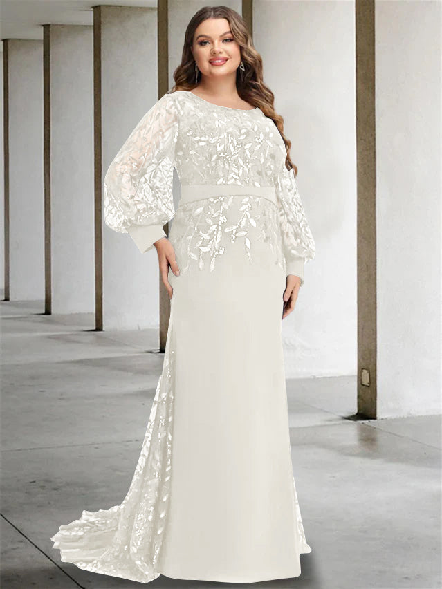 Plus Size Long Mermaid Trumpet Mother of the Bride Dress with Scoop Neck and Long Sequined Sleeves