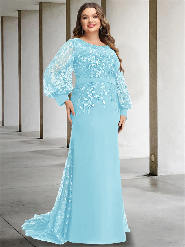 Plus Size Long Mermaid Trumpet Mother of the Bride Dress with Scoop Neck and Long Sequined Sleeves