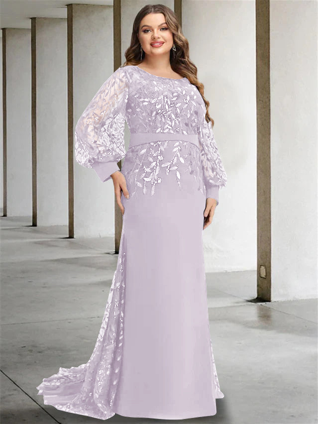 Plus Size Long Mermaid Trumpet Mother of the Bride Dress with Scoop Neck and Long Sequined Sleeves