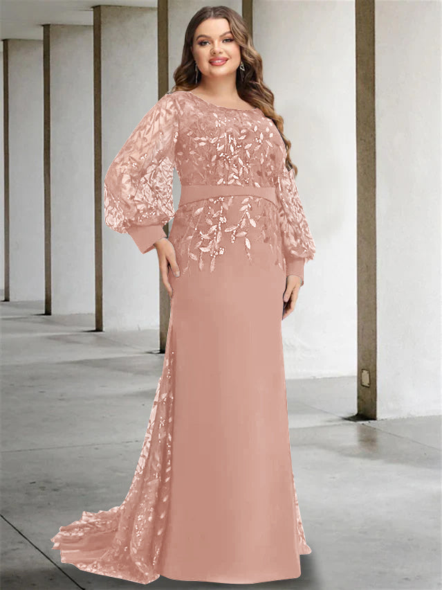 Plus Size Long Mermaid Trumpet Mother of the Bride Dress with Scoop Neck and Long Sequined Sleeves