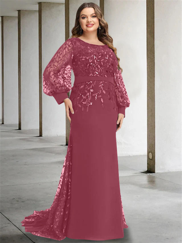 Plus Size Long Mermaid Trumpet Mother of the Bride Dress with Scoop Neck and Long Sequined Sleeves