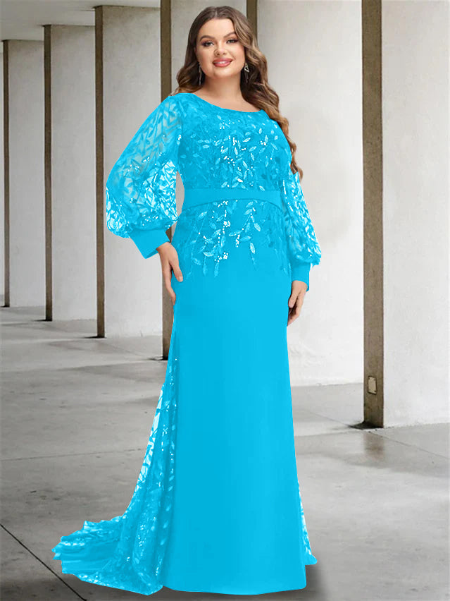 Plus Size Long Mermaid Trumpet Mother of the Bride Dress with Scoop Neck and Long Sequined Sleeves