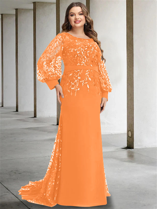 Plus Size Long Mermaid Trumpet Mother of the Bride Dress with Scoop Neck and Long Sequined Sleeves