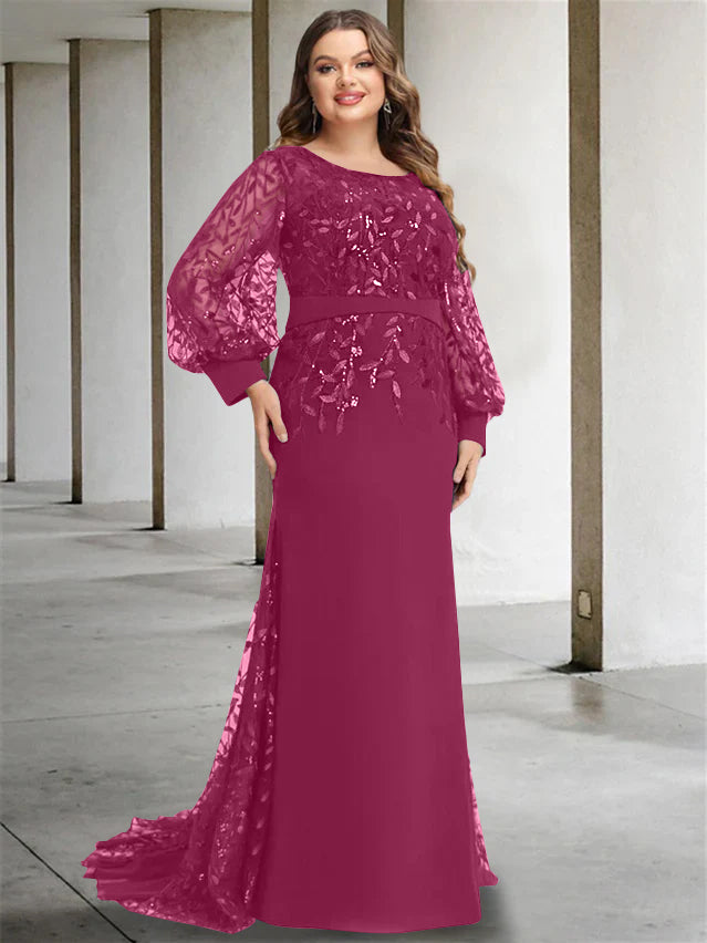 Plus Size Long Mermaid Trumpet Mother of the Bride Dress with Scoop Neck and Long Sequined Sleeves