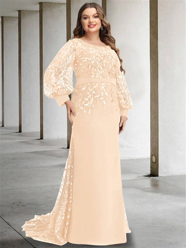 Plus Size Long Mermaid Trumpet Mother of the Bride Dress with Scoop Neck and Long Sequined Sleeves