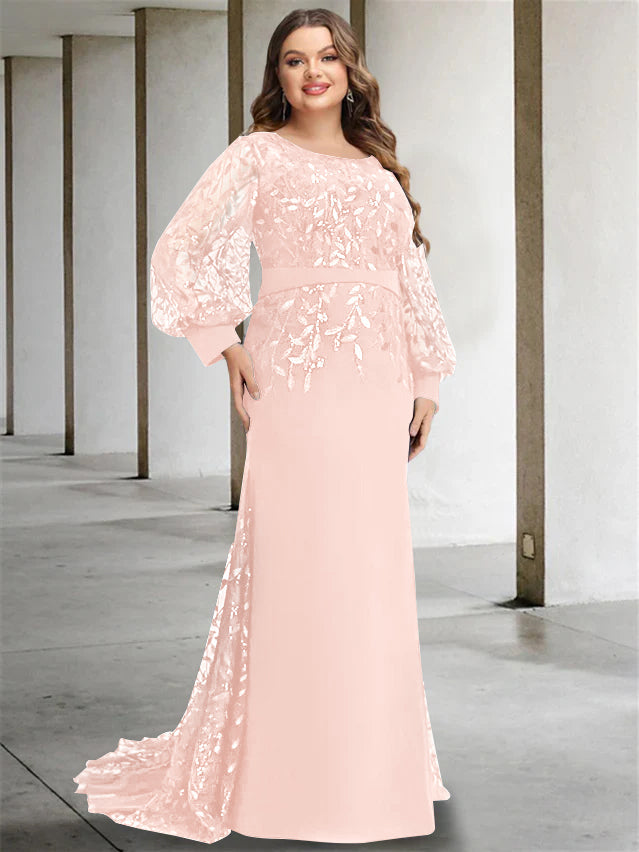 Plus Size Long Mermaid Trumpet Mother of the Bride Dress with Scoop Neck and Long Sequined Sleeves