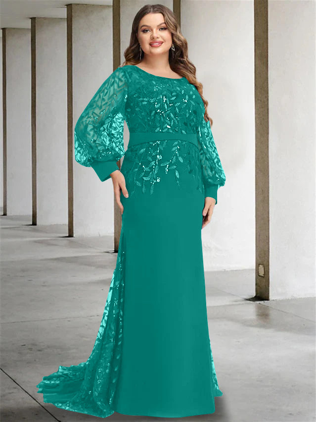 Plus Size Long Mermaid Trumpet Mother of the Bride Dress with Scoop Neck and Long Sequined Sleeves