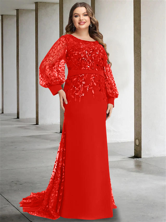 Plus Size Long Mermaid Trumpet Mother of the Bride Dress with Scoop Neck and Long Sequined Sleeves
