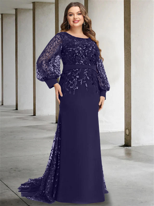 Plus Size Long Mermaid Trumpet Mother of the Bride Dress with Scoop Neck and Long Sequined Sleeves