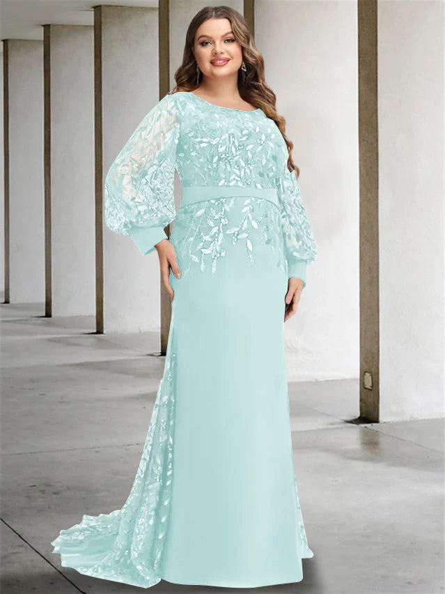 Plus Size Long Mermaid Trumpet Mother of the Bride Dress with Scoop Neck and Long Sequined Sleeves