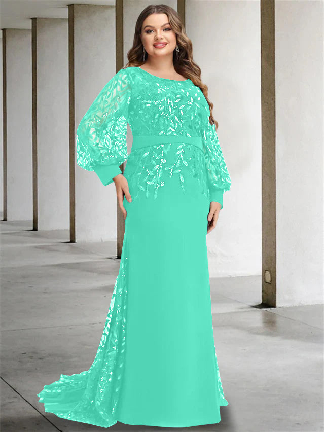 Plus Size Long Mermaid Trumpet Mother of the Bride Dress with Scoop Neck and Long Sequined Sleeves
