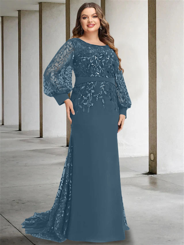 Plus Size Long Mermaid Trumpet Mother of the Bride Dress with Scoop Neck and Long Sequined Sleeves