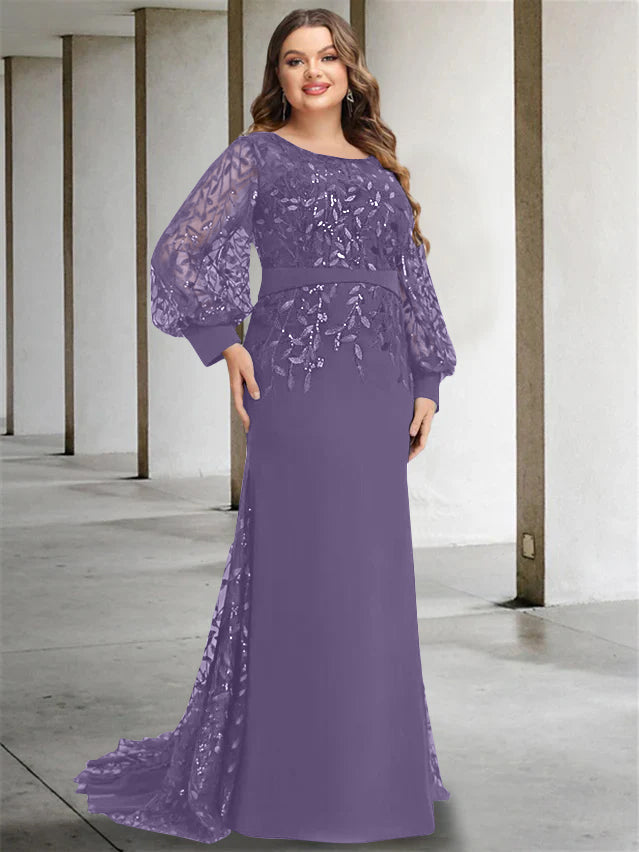 Plus Size Long Mermaid Trumpet Mother of the Bride Dress with Scoop Neck and Long Sequined Sleeves