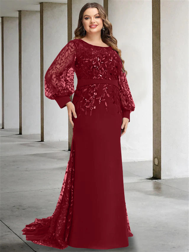 Plus Size Long Mermaid Trumpet Mother of the Bride Dress with Scoop Neck and Long Sequined Sleeves