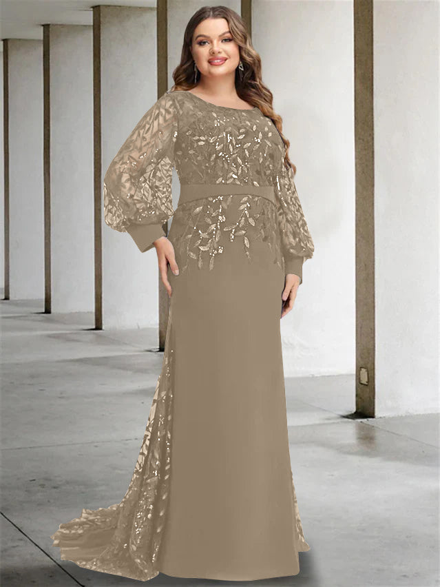 Plus Size Long Mermaid Trumpet Mother of the Bride Dress with Scoop Neck and Long Sequined Sleeves
