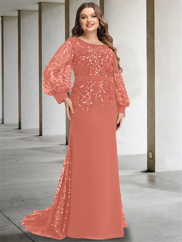 Plus Size Long Mermaid Trumpet Mother of the Bride Dress with Scoop Neck and Long Sequined Sleeves