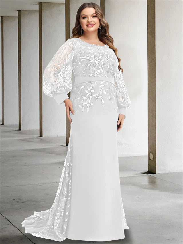 Plus Size Long Mermaid Trumpet Mother of the Bride Dress with Scoop Neck and Long Sequined Sleeves
