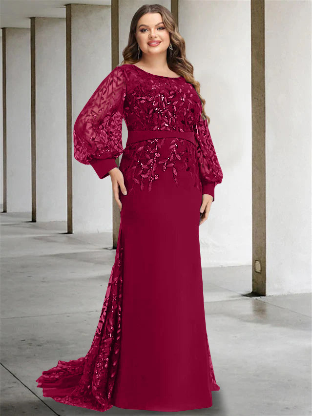 Plus Size Long Mermaid Trumpet Mother of the Bride Dress with Scoop Neck and Long Sequined Sleeves