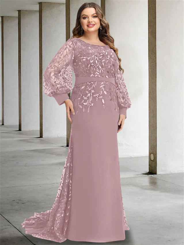 Plus Size Long Mermaid Trumpet Mother of the Bride Dress with Scoop Neck and Long Sequined Sleeves