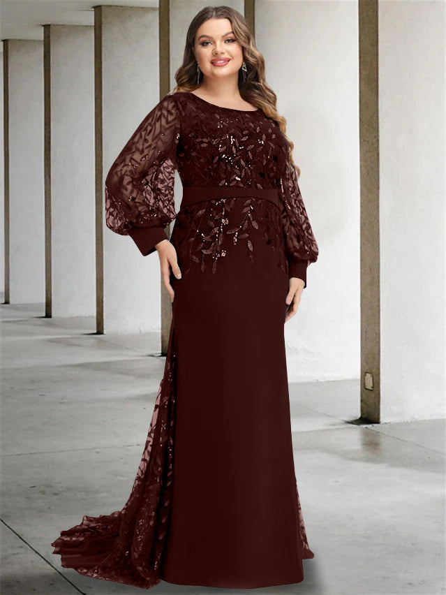 Plus Size Long Mermaid Trumpet Mother of the Bride Dress with Scoop Neck and Long Sequined Sleeves