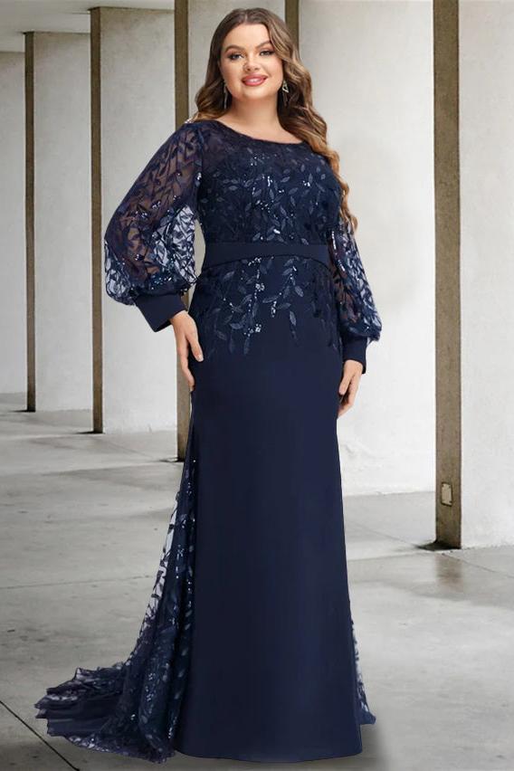 Plus Size Long Mermaid Trumpet Mother of the Bride Dress with Scoop Neck and Long Sequined Sleeves