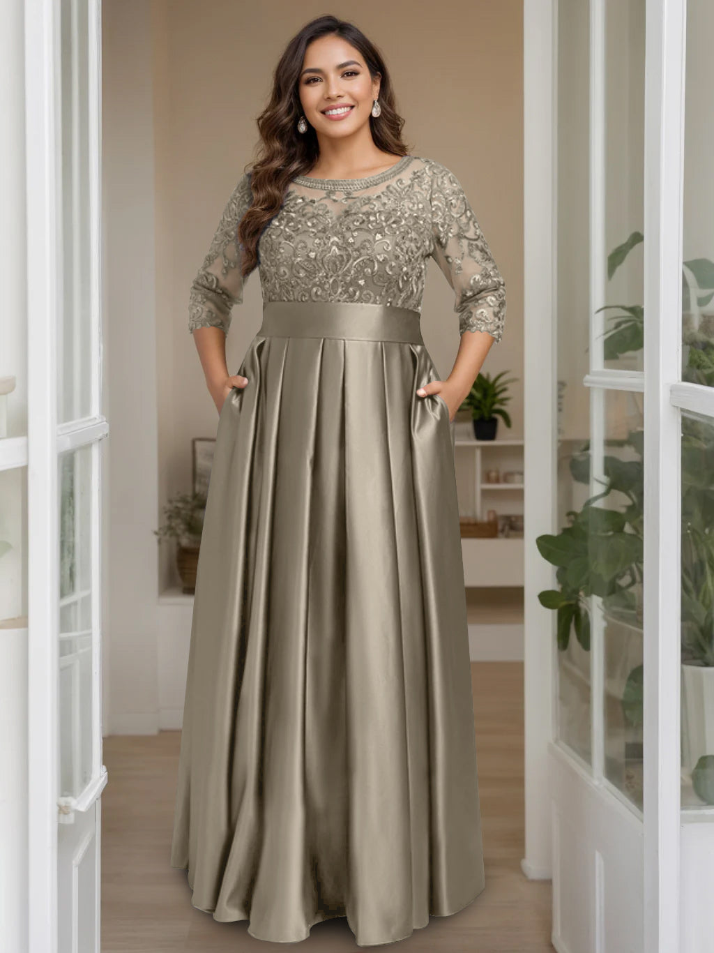 Plus Size Long Mother of the Bride A Line Dress with 3/4 Sleeves Scoop Neck Bow & Sequins