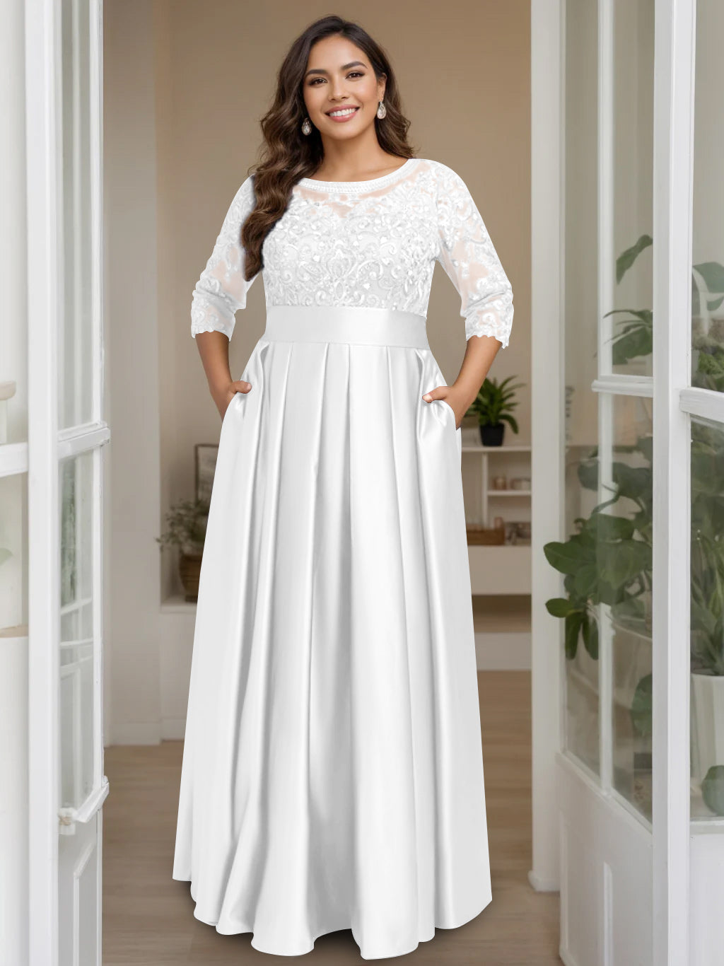 Plus Size Long Mother of the Bride A Line Dress with 3/4 Sleeves Scoop Neck Bow & Sequins