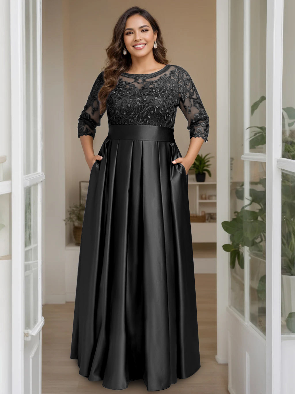 Plus Size Long Mother of the Bride A Line Dress with 3/4 Sleeves Scoop Neck Bow & Sequins