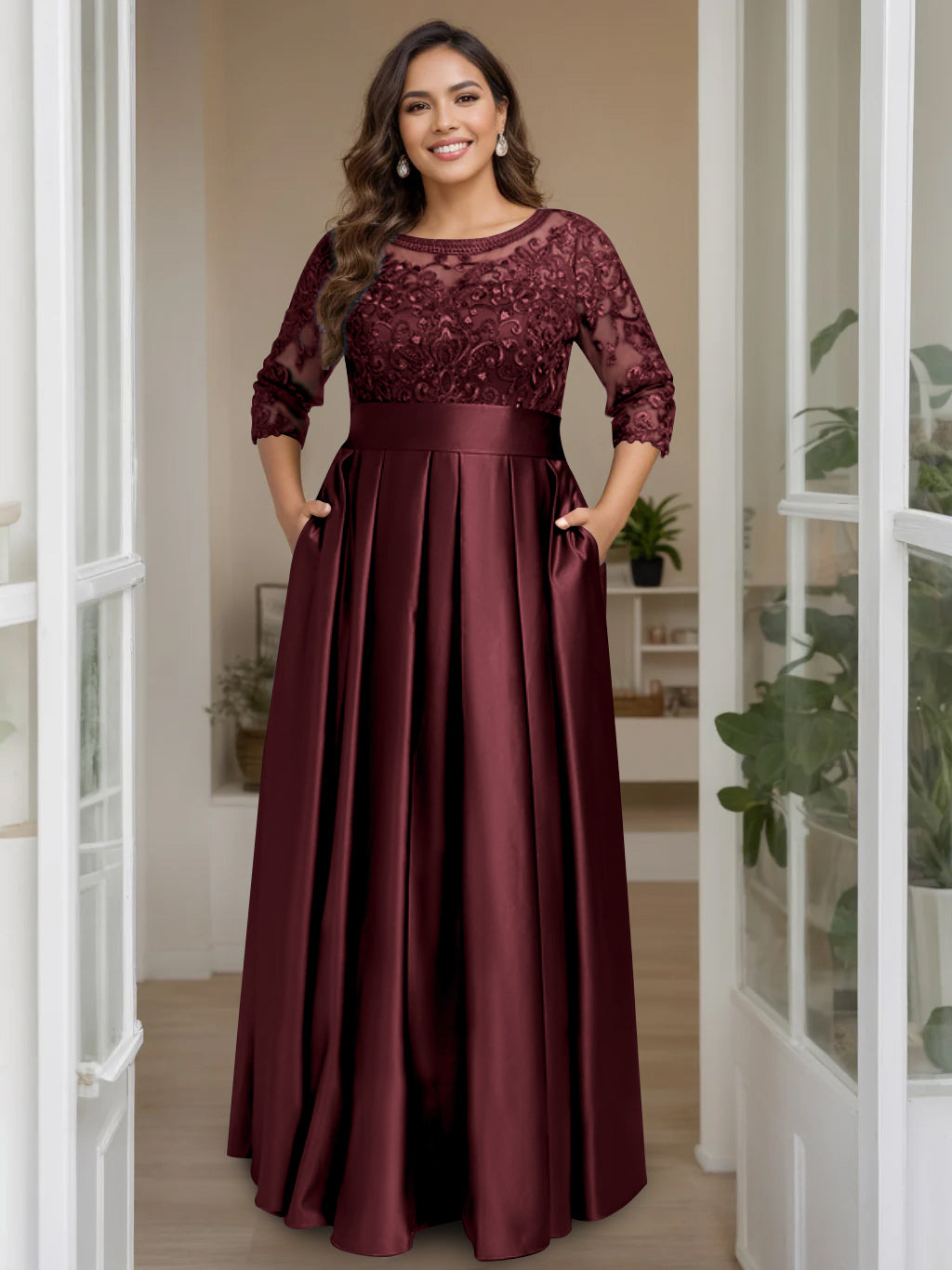 Plus Size Long Mother of the Bride A Line Dress with 3/4 Sleeves Scoop Neck Bow & Sequins
