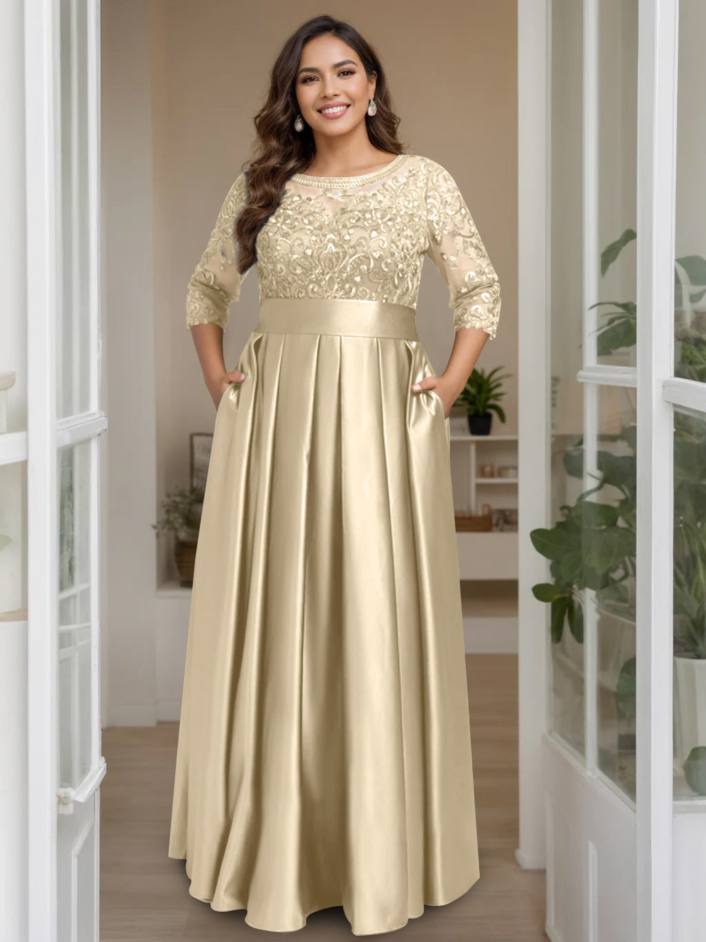 Plus Size Long Mother of the Bride A Line Dress with 3/4 Sleeves Scoop Neck Bow & Sequins