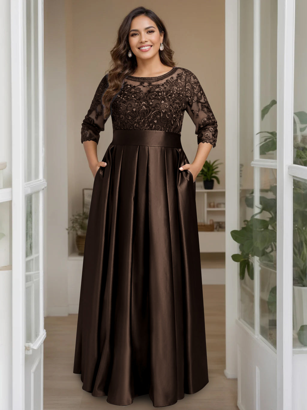 Plus Size Long Mother of the Bride A Line Dress with 3/4 Sleeves Scoop Neck Bow & Sequins