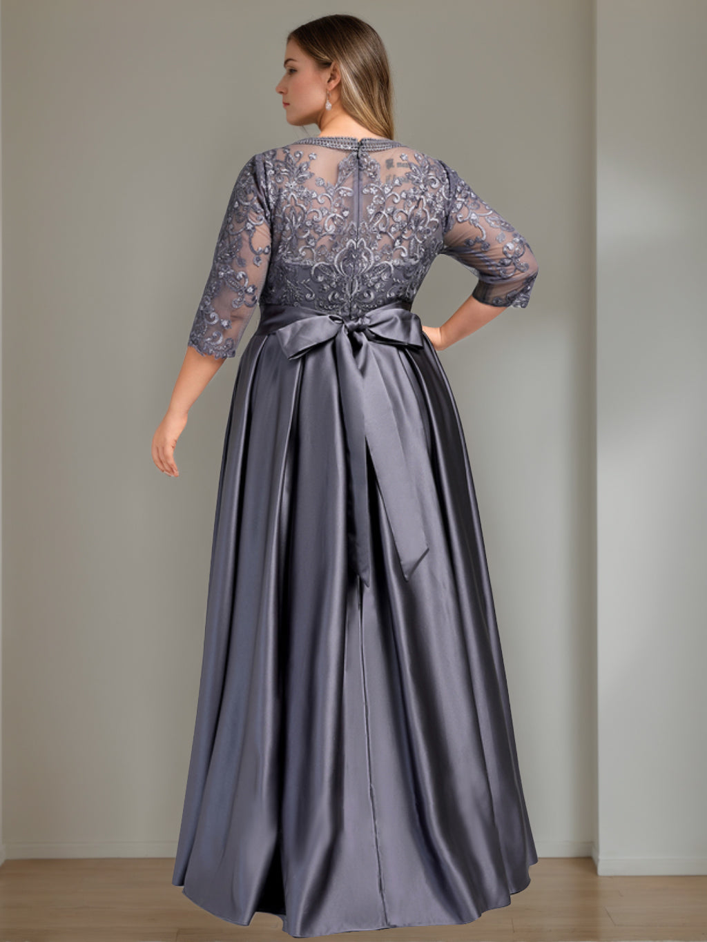 Plus Size Long Mother of the Bride A Line Dress with 3/4 Sleeves Scoop Neck Bow & Sequins