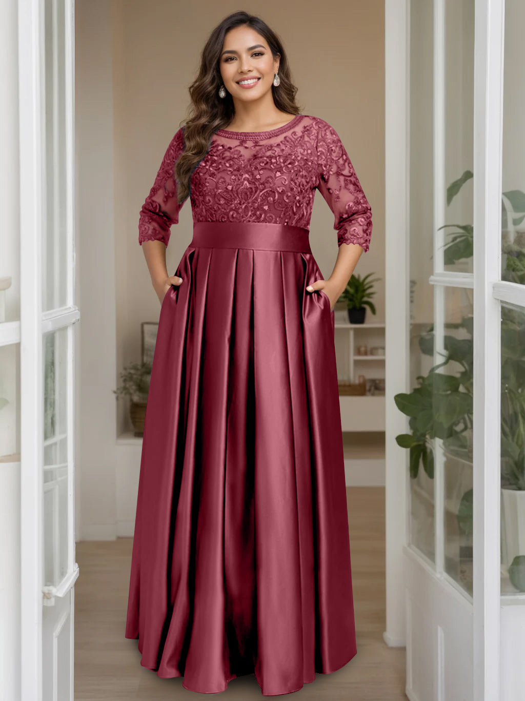 Plus Size Long Mother of the Bride A Line Dress with 3/4 Sleeves Scoop Neck Bow & Sequins